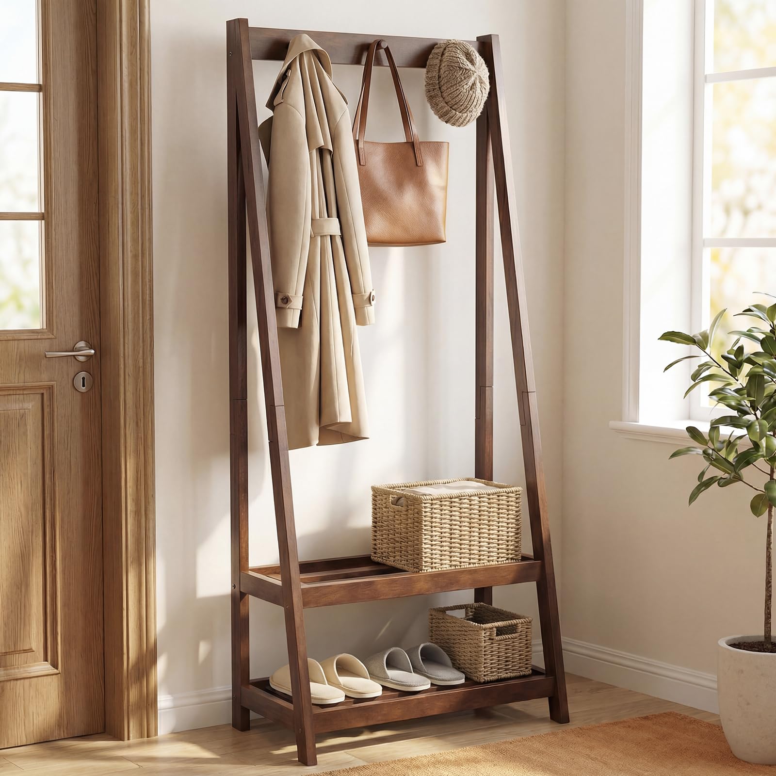Tangkula Rubber Wood Garment Rack with 3 Hooks and 2 Shelves for Entryway Wardrobe